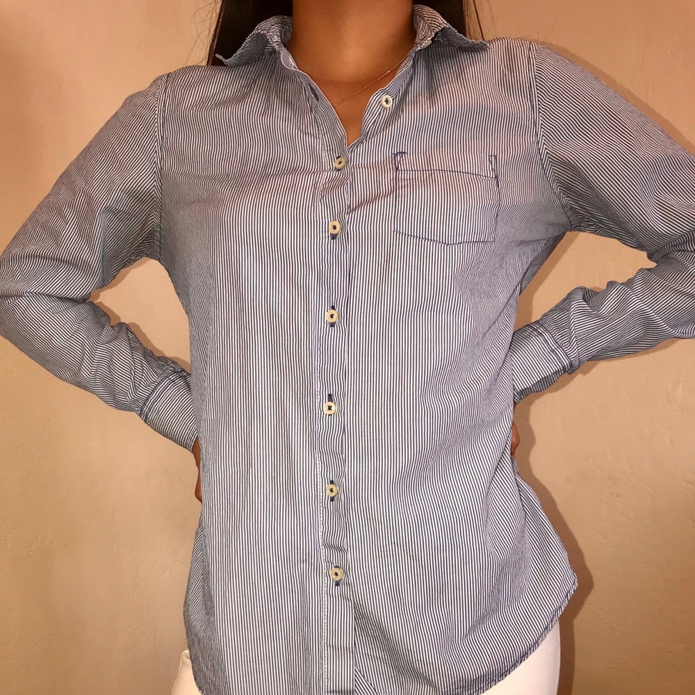 blue and white striped button down from gap